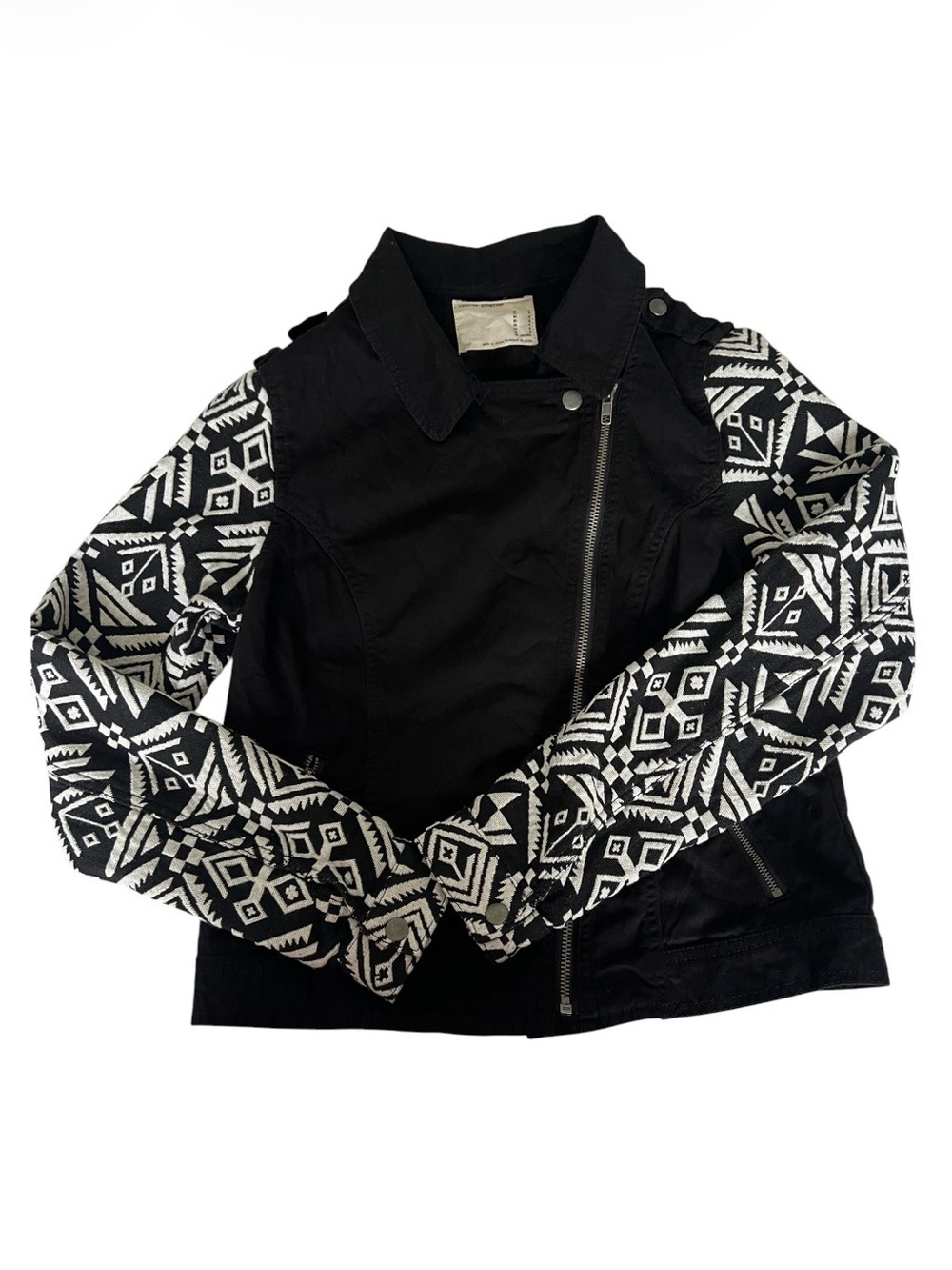 life in progress Black Jacket with Black & White Aztec-Patterned Sleeves